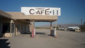 An old, closed gas station and cafe in Desert Center.